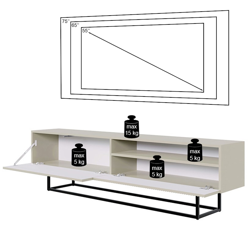 Szafka RTV Veldio z frezowanym frontem i wnęką 175 cm Biała z czarnymi nogami  - zdjęcie 10