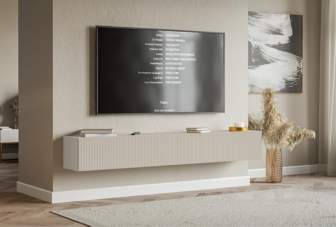 Szafka RTV dwudrzwiowa Veldio wisząca z ryflowanym frontem 200 cm szary beż  - zdjęcie 2