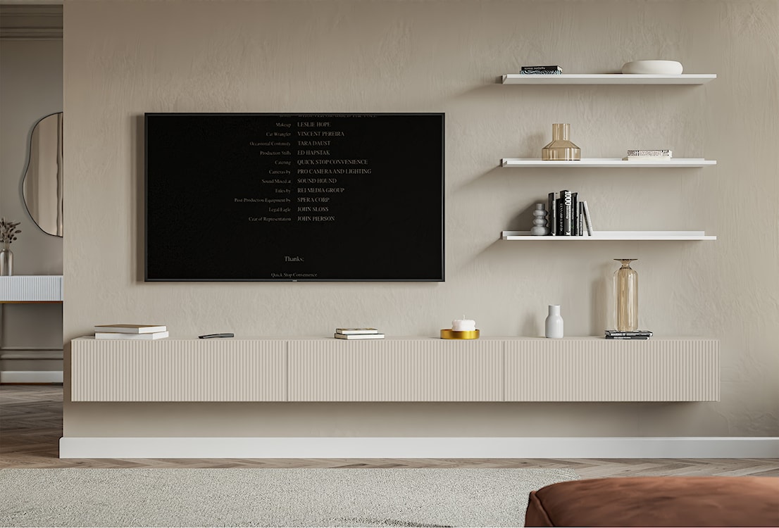 Szafka RTV trzydrzwiowa Veldio wisząca z ryflowanym frontem 300 cm szary beż  - zdjęcie 5