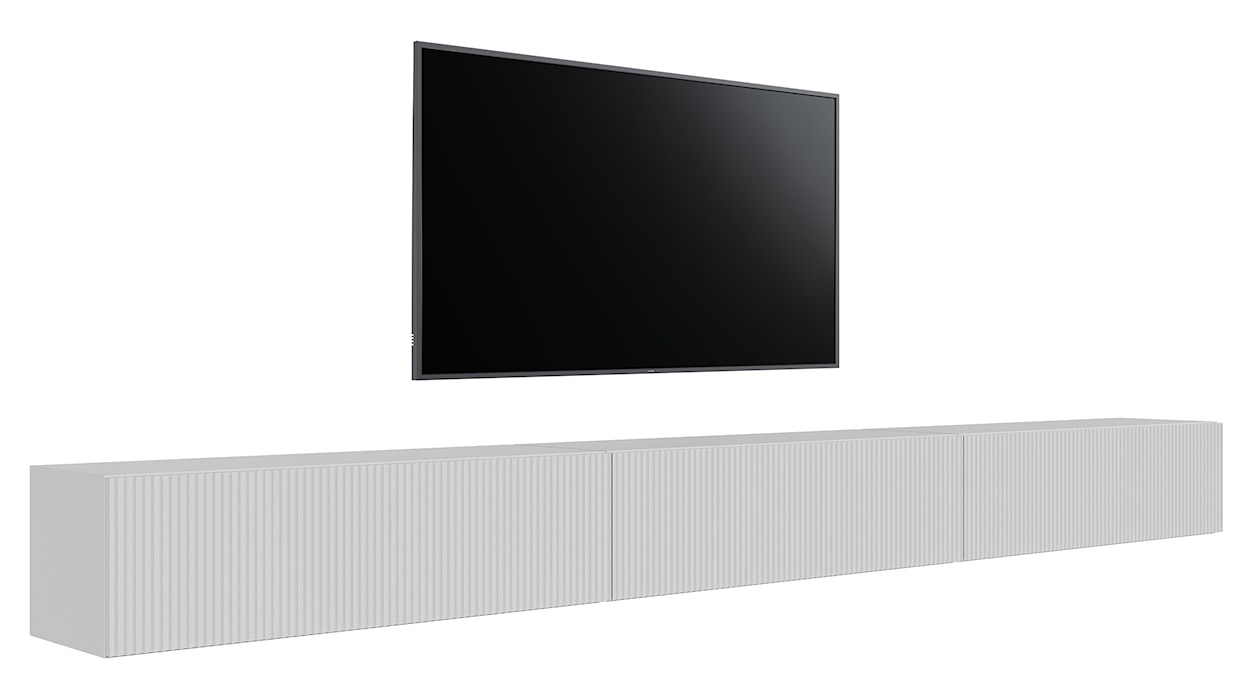 Szafka RTV trzydrzwiowa Veldio wisząca z ryflowanym frontem 300 cm biała  - zdjęcie 2