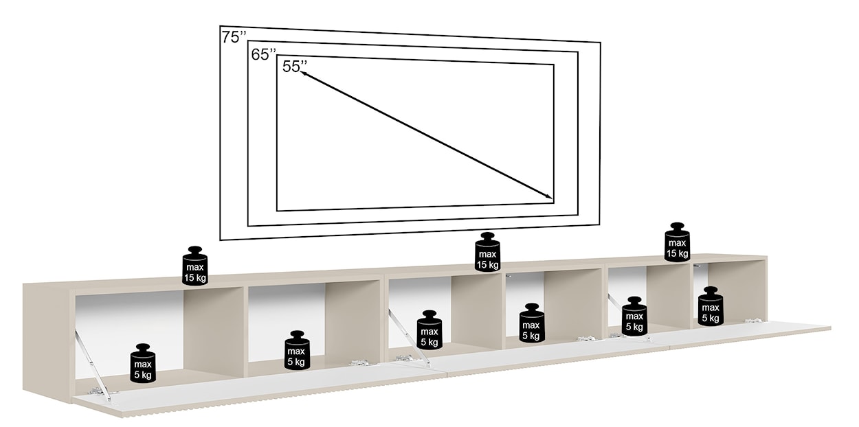 Szafka RTV trzydrzwiowa Veldio wisząca z ryflowanym frontem 300 cm czarna  - zdjęcie 8