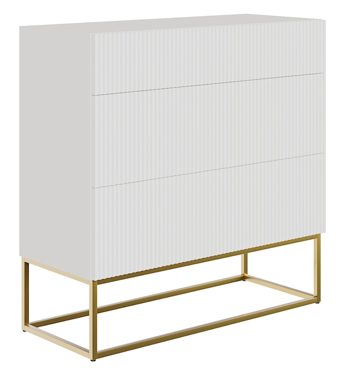 Komoda Veldio z frezowanym frontem i trzema szufladami 90 cm Biała ze złotymi nogami  - zdjęcie 2