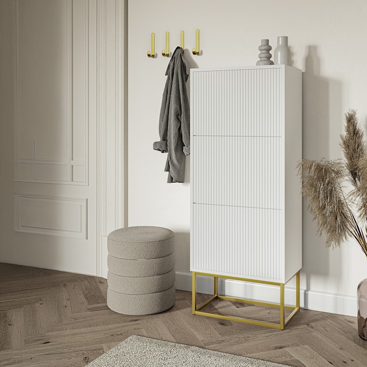 Szafka na buty Veldio z frezowanym frontem i trzema przegrodami 50 cm Biała ze złotymi nogami  - zdjęcie 3