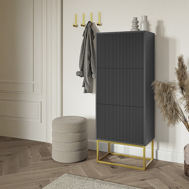 Szafka na buty Veldio z frezowanym frontem i trzema przegrodami 50 cm Czarna ze złotymi nogami  - zdjęcie 3