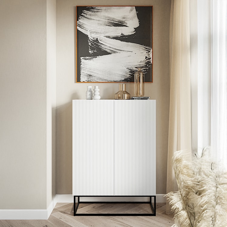 Komoda dwudrzwiowa Veldio z frezowanym frontem 90 cm Biała z czarnymi nogami   - zdjęcie 2