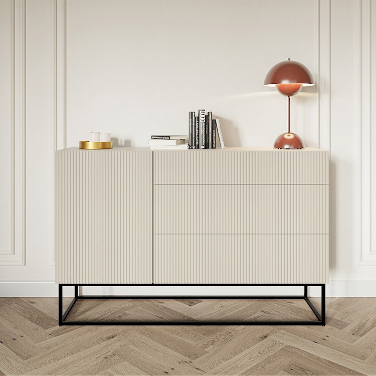 Komoda jednodrzwiowa Veldio z frezowanym frontem i trzema szufladami 140 cm Szary beż z czarnymi nogami  - zdjęcie 2