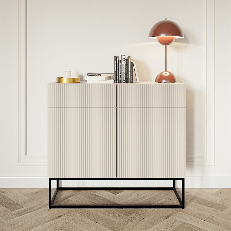 Komoda dwudrzwiowa Veldio z frezowanym frontem i dwiema szufladami 100 cm Szary beż z czarnymi nogami  - zdjęcie 2