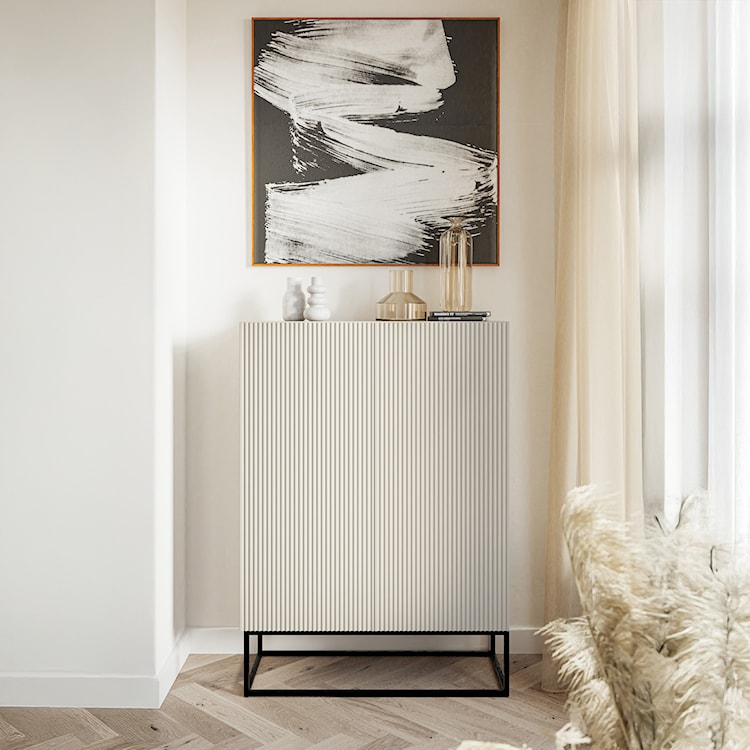 Komoda dwudrzwiowa Veldio z frezowanym frontem 90 cm Szary beż z czarnymi nogami   - zdjęcie 2