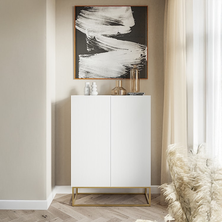 Komoda dwudrzwiowa Veldio z frezowanym frontem 90 cm Biała ze złotymi nogami  - zdjęcie 3