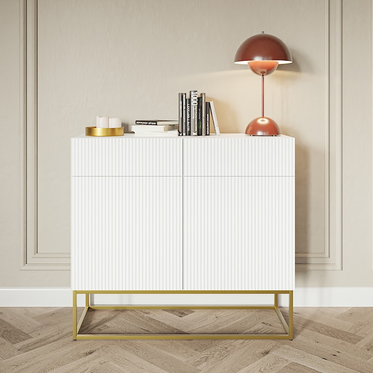 Komoda dwudrzwiowa Veldio z frezowanym frontem i dwiema szufladami 100 cm Biała ze złotymi nogami  - zdjęcie 3