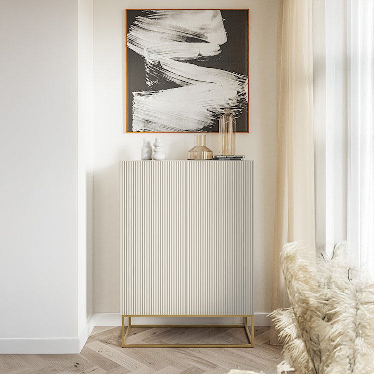 Komoda dwudrzwiowa Veldio z frezowanym frontem 90 cm Szary beż ze złotymi nogami   - zdjęcie 4