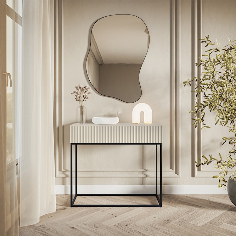 Konsola Veldio z frezowanym frontem i szufladą 90 cm Szary beż z czarnymi nogami  - zdjęcie 2