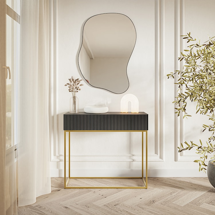 Konsola Veldio z frezowanym frontem i szufladą 90 cm Czarna ze złotymi nogami  - zdjęcie 2