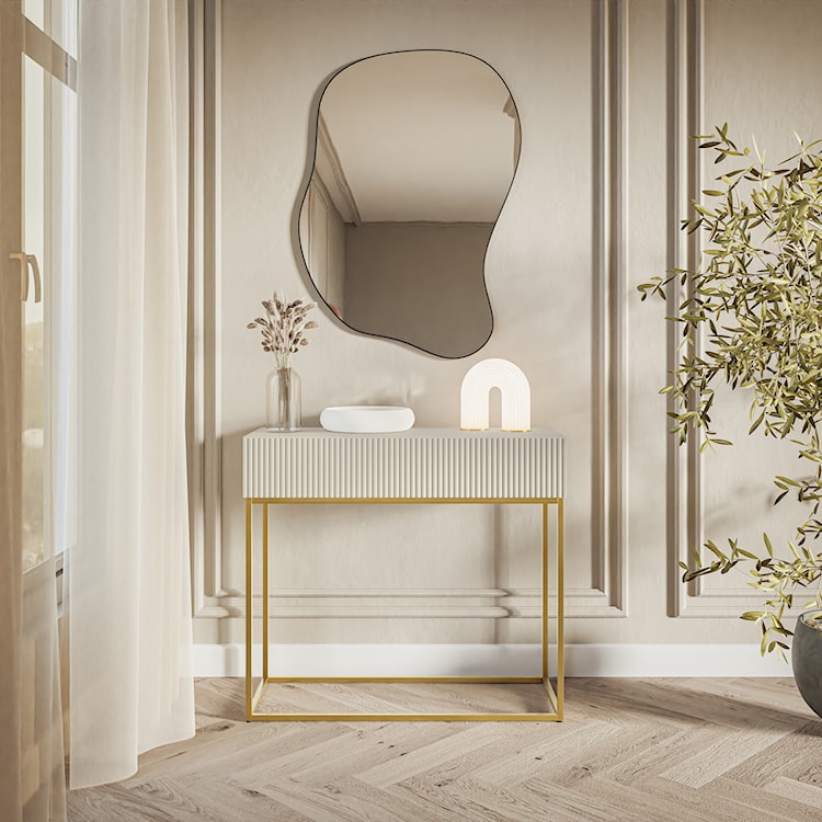 Konsola Veldio z frezowanym frontem i szufladą 90 cm Szary beż ze złotymi nogami  - zdjęcie 2