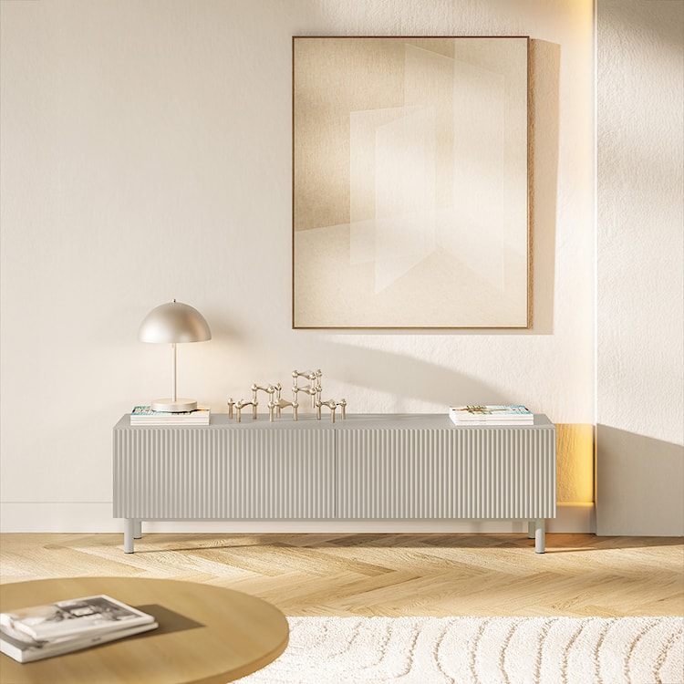 Szafka RTV Veldio New z frezowanym frontem 140 cm szary beż  - zdjęcie 3