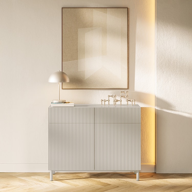 Komoda dwudrzwiowa Veldio New z frezowanym frontem i dwiema szufladami 100 cm szary beż  - zdjęcie 3