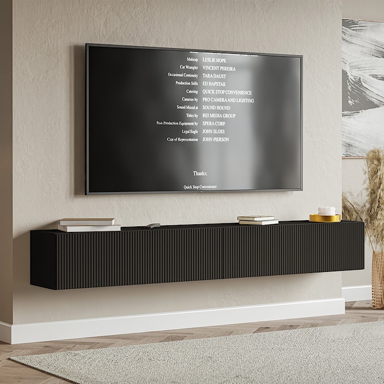 Szafka RTV dwudrzwiowa Veldio wisząca z ryflowanym frontem 200 cm czarna  - zdjęcie 3