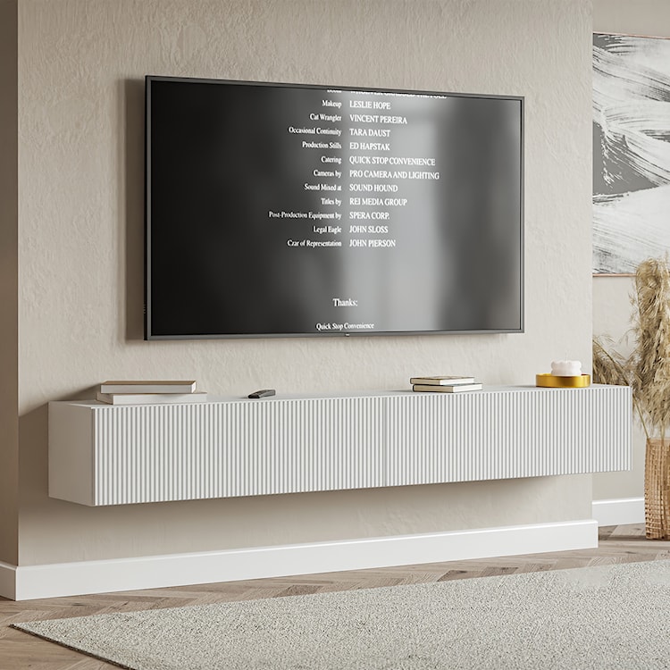 Szafka RTV dwudrzwiowa Veldio wisząca z ryflowanym frontem 200 cm biała  - zdjęcie 3