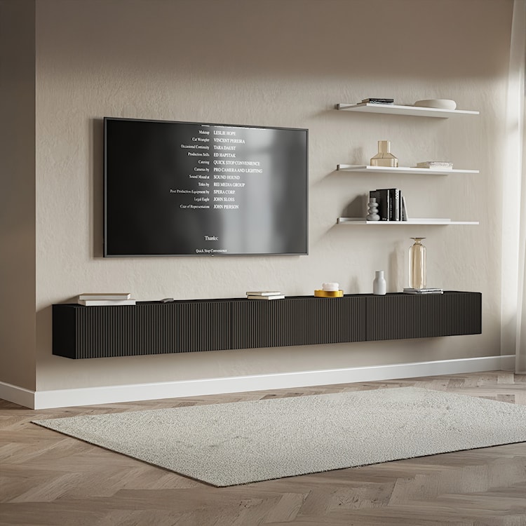 Szafka RTV trzydrzwiowa Veldio wisząca z ryflowanym frontem 300 cm czarna  - zdjęcie 3