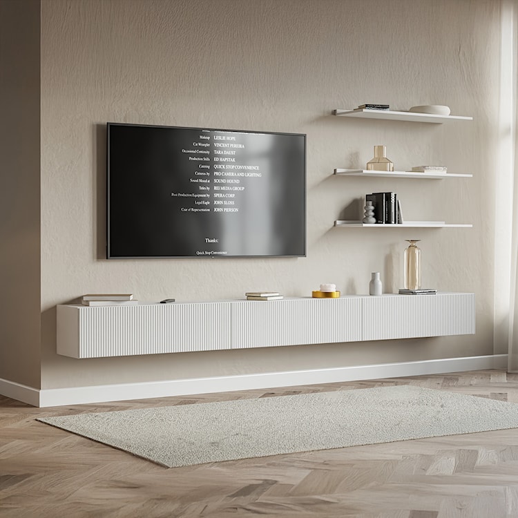 Szafka RTV trzydrzwiowa Veldio wisząca z ryflowanym frontem 300 cm biała  - zdjęcie 3