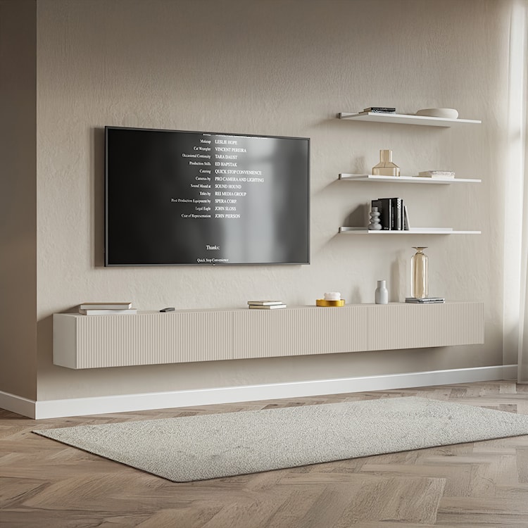 Szafka RTV trzydrzwiowa Veldio wisząca z ryflowanym frontem 300 cm szary beż  - zdjęcie 3