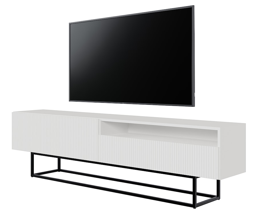 Szafka RTV Veldio z frezowanym frontem i wnęką 175 cm Biała z czarnymi nogami  - zdjęcie 2
