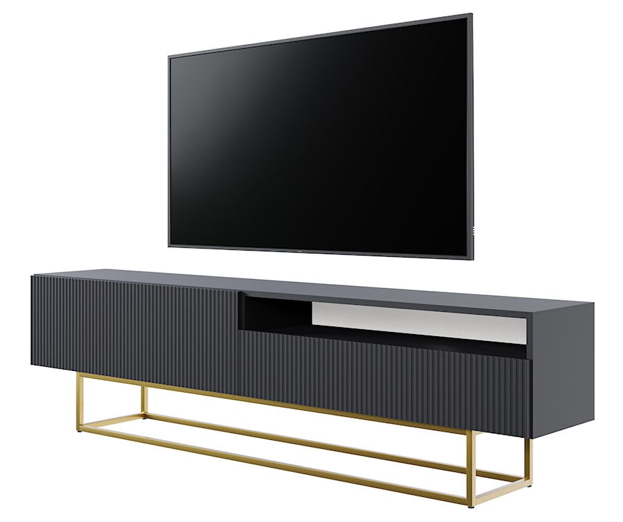 Szafka RTV Veldio z frezowanym frontem i wnęką 175 cm Czarna ze złotymi nogami