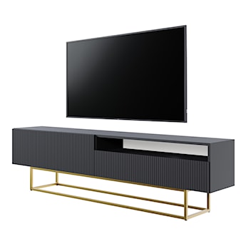 Szafka RTV Veldio z frezowanym frontem i wnęką 175 cm Czarna ze złotymi nogami