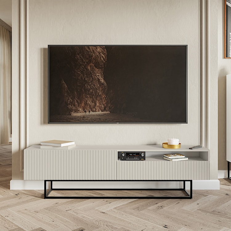 Szafka RTV Veldio z frezowanym frontem i wnęką 175 cm Szary beż z czarnymi nogami  - zdjęcie 3