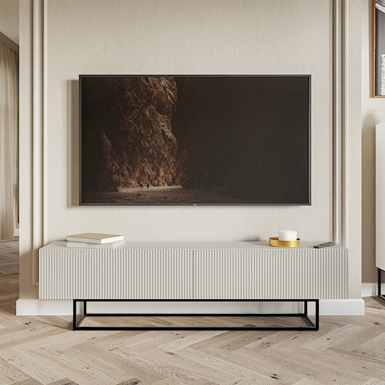 Szafka RTV Veldio z frezowanym frontem 175 cm Szary beż z czarnymi nogami  - zdjęcie 4