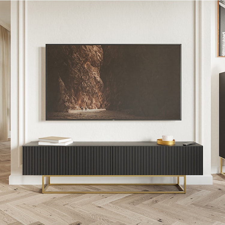 Szafka RTV Veldio z frezowanym frontem 175 cm Czarna ze złotymi nogami  - zdjęcie 3