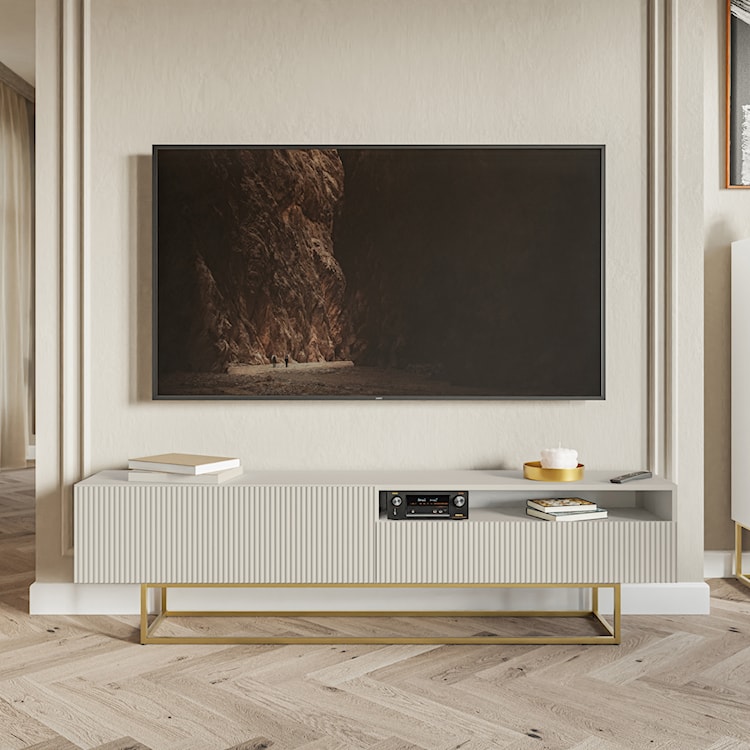 Szafka RTV Veldio z frezowanym frontem i wnęką 175 cm Szary beż ze złotymi nogami  - zdjęcie 3