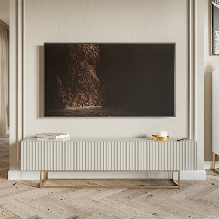 Szafka RTV Veldio z frezowanym frontem 175 cm Szary beż ze złotymi nogami  - zdjęcie 4