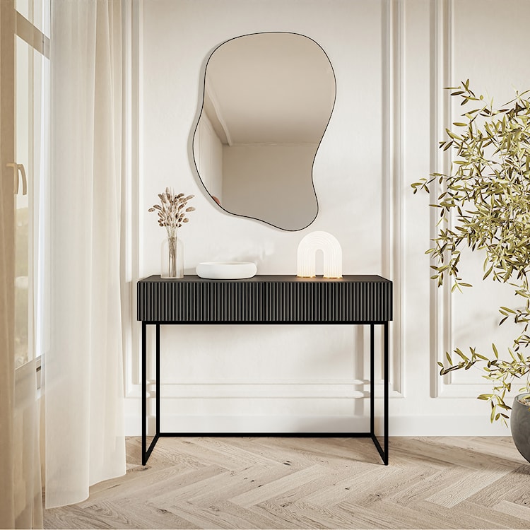 Toaletka Veldio z frezowanym frontem i dwiema szufladami 110 cm Czarna z czarnymi nogami  - zdjęcie 2