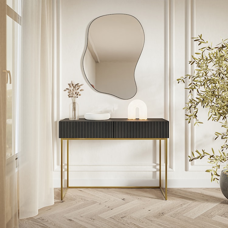 Toaletka Veldio z frezowanym frontem i dwiema szufladami 110 cm Czarna ze złotymi nogami  - zdjęcie 3