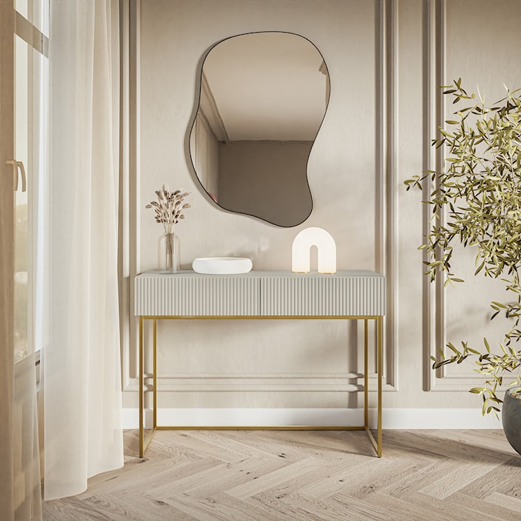 Toaletka Veldio z frezowanym frontem i dwiema szufladami 110 cm Szary beż ze złotymi nogami  - zdjęcie 2