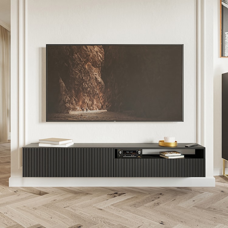 Szafka RTV Veldio z frezowanym frontem i wnęką 175 cm Czarna wisząca  - zdjęcie 3