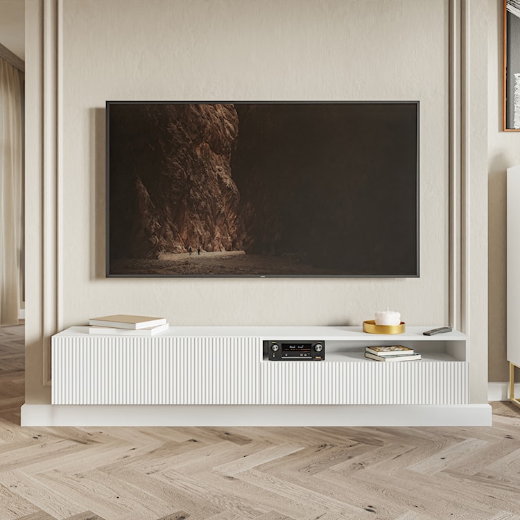 Szafka RTV Veldio z frezowanym frontem i wnęką 175 cm Biała wisząca  - zdjęcie 3