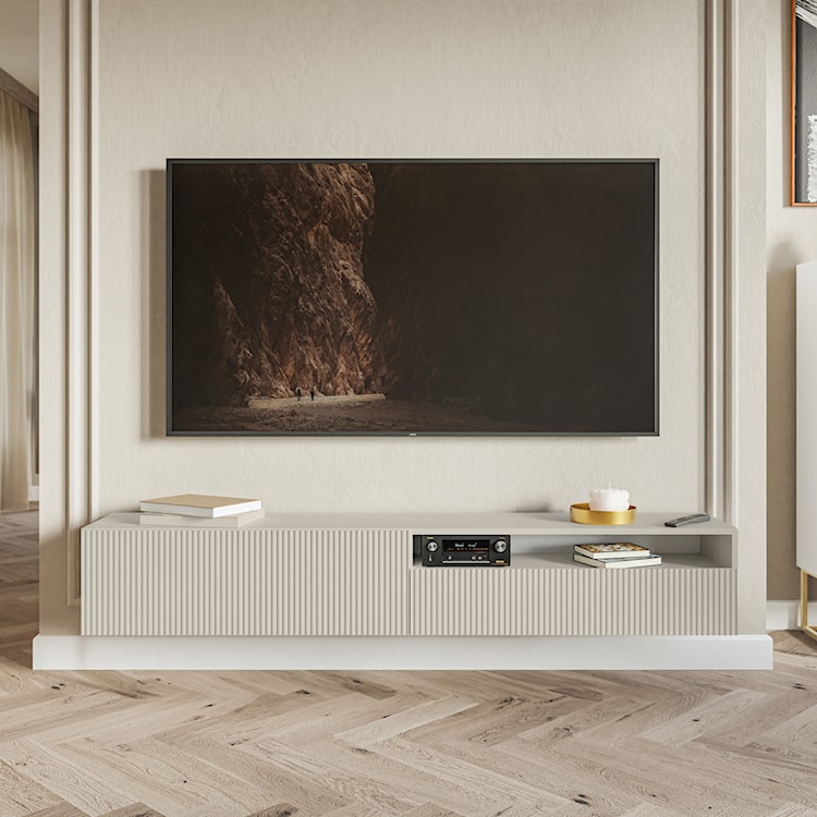 Szafka RTV Veldio z frezowanym frontem z wnęką 175 cm Szary beż wisząca  - zdjęcie 4