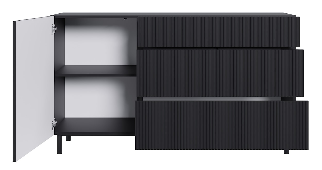 Komoda jednodrzwiowa Veldio New z frezowanym frontem i trzema szufladami 140 cm czarna  - zdjęcie 6