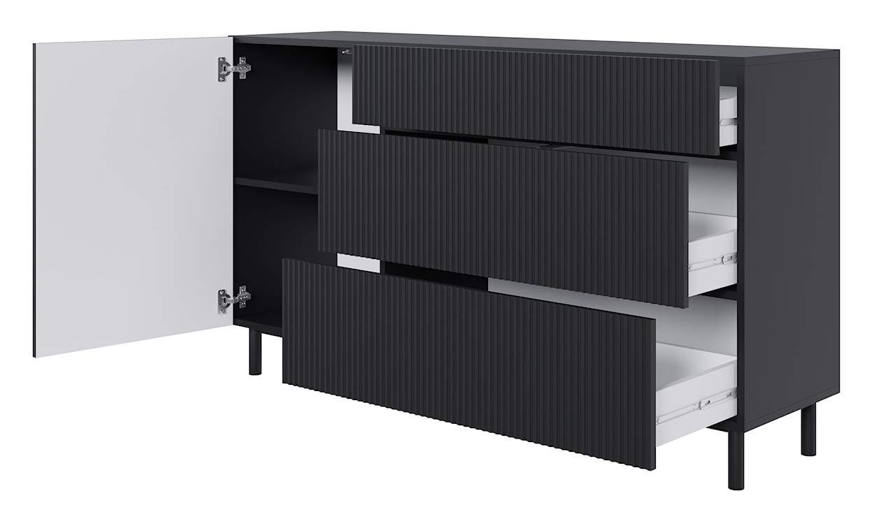 Komoda jednodrzwiowa Veldio New z frezowanym frontem i trzema szufladami 140 cm czarna  - zdjęcie 3