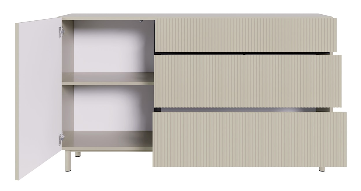 Komoda jednodrzwiowa Veldio New z frezowanym frontem i trzema szufladami 140 cm szary beż  - zdjęcie 6