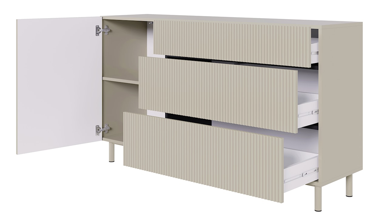 Komoda jednodrzwiowa Veldio New z frezowanym frontem i trzema szufladami 140 cm szary beż  - zdjęcie 3