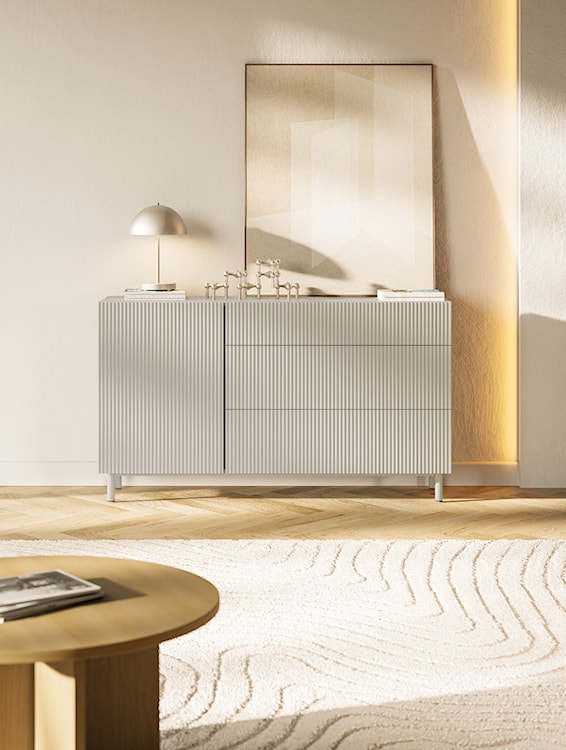 Komoda jednodrzwiowa Veldio New z frezowanym frontem i trzema szufladami 140 cm szary beż  - zdjęcie 2