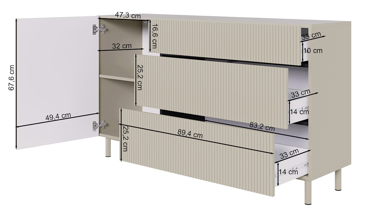 Komoda jednodrzwiowa Veldio New z frezowanym frontem i trzema szufladami 140 cm szary beż  - zdjęcie 8