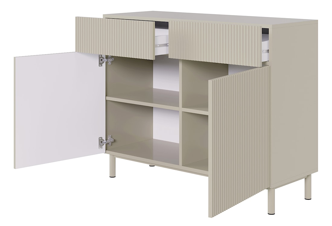 Komoda dwudrzwiowa Veldio New z frezowanym frontem i dwiema szufladami 100 cm szary beż  - zdjęcie 3