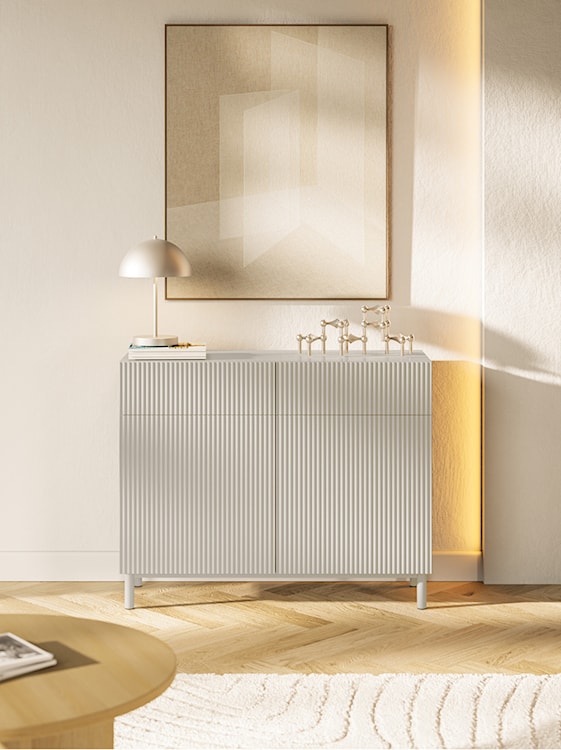 Komoda dwudrzwiowa Veldio New z frezowanym frontem i dwiema szufladami 100 cm szary beż  - zdjęcie 2