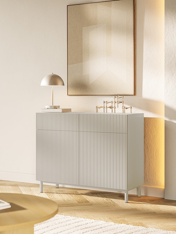 Komoda dwudrzwiowa Veldio New z frezowanym frontem i dwiema szufladami 100 cm szary beż  - zdjęcie 4