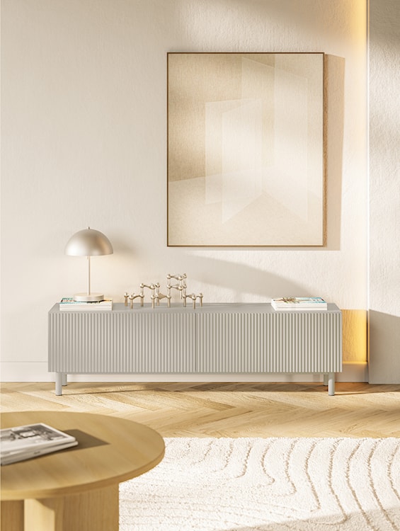 Szafka RTV Veldio New z frezowanym frontem 140 cm szary beż  - zdjęcie 2