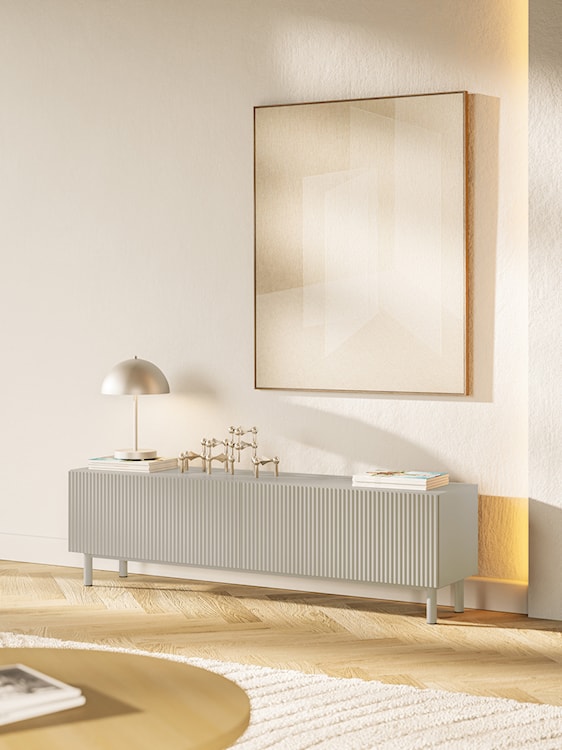 Szafka RTV Veldio New z frezowanym frontem 140 cm szary beż  - zdjęcie 6